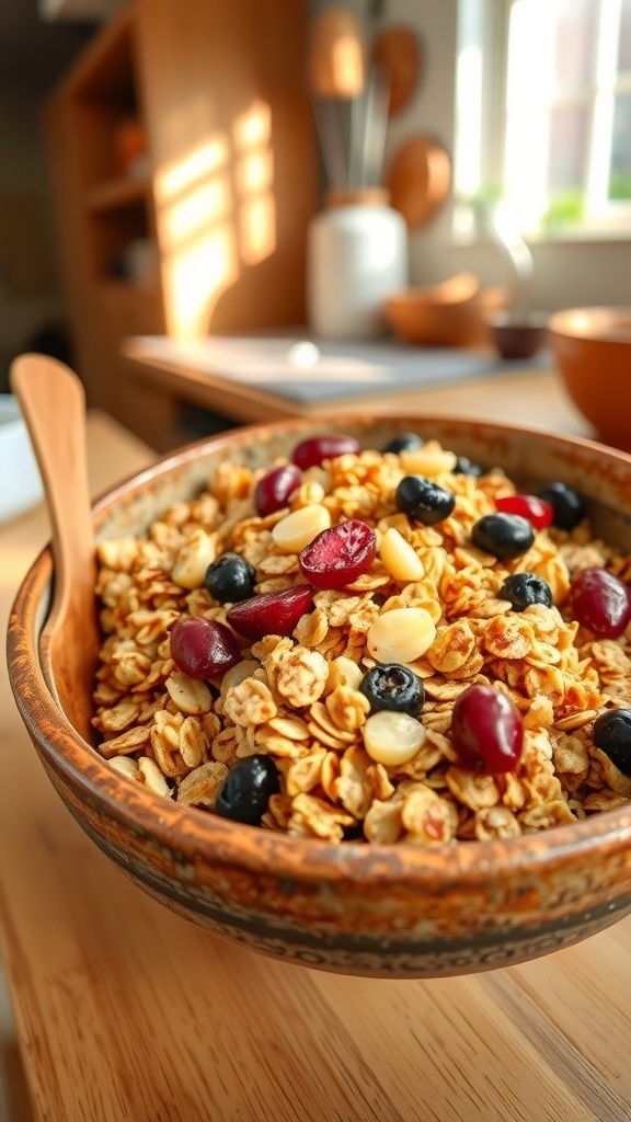 A bowl of crunchy granola made from quick oats, nuts, and dried fruits, with a wooden spoon on a rustic table.